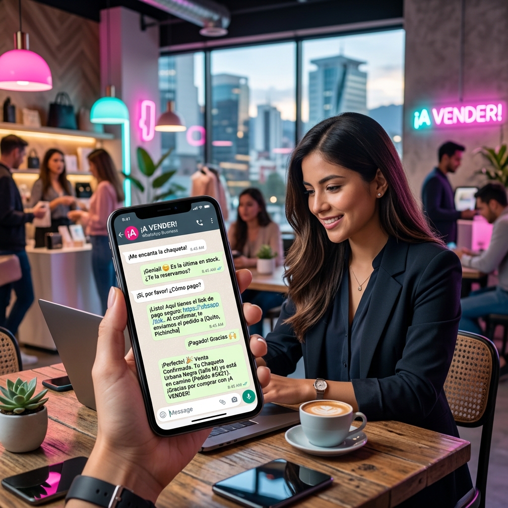 Dueño de negocio atendiendo ventas por WhatsApp desde su celular